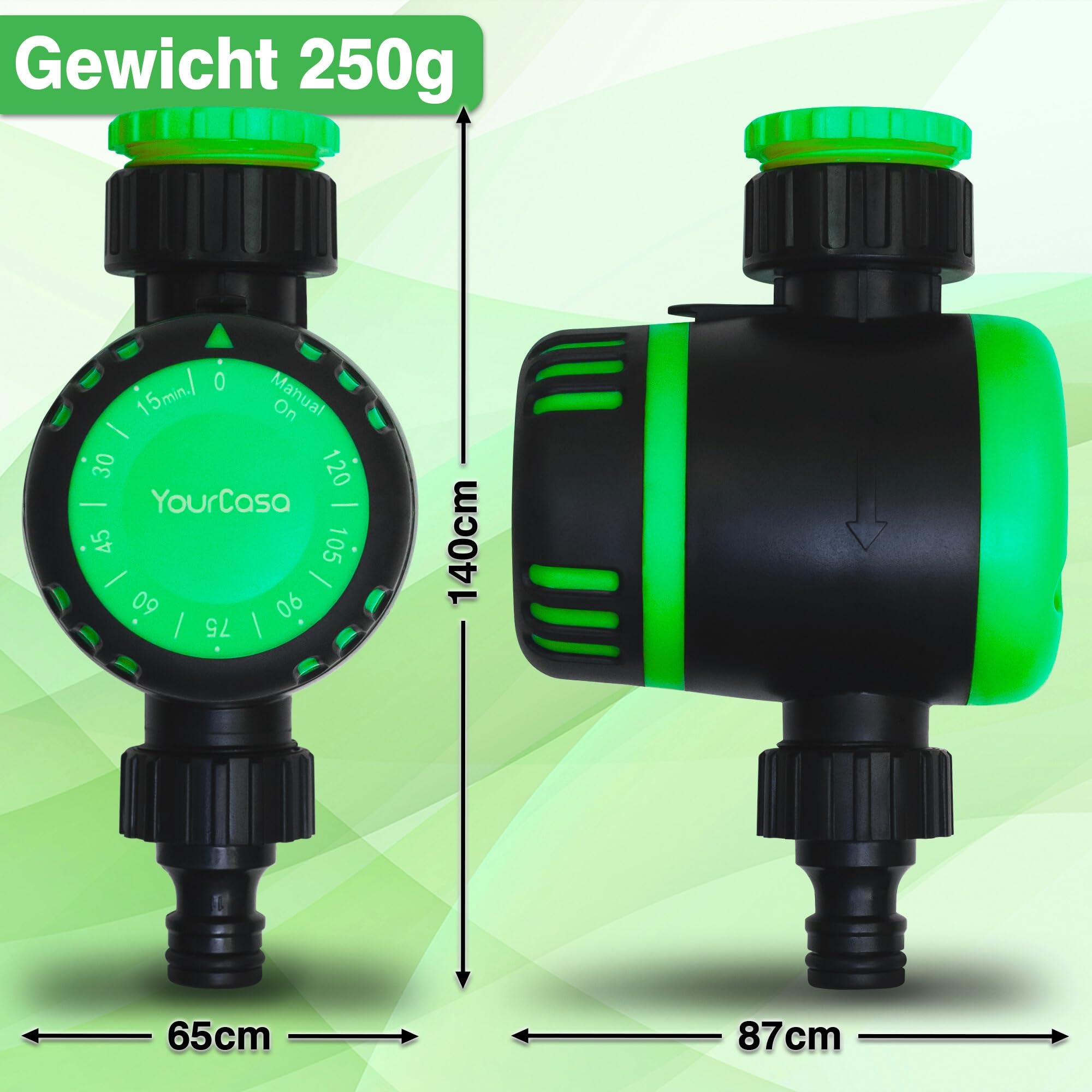 YourCasa Bewässerungsuhr MECHANISCH mit Filter [120 Min] - Zeitschaltuhr mit Schlauchkupplung zur Bewässerung - Wasserhahn Garten Wasser Zeitschaltuhr Bewässerungsautomat Wasserzeitschaltuhr (Grün)