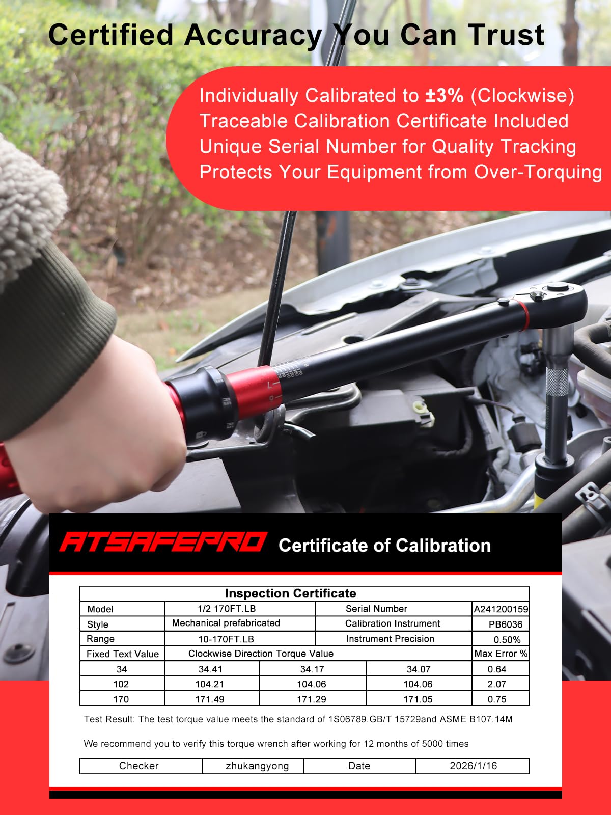 ATsafepro Chiave dinamometrica a scatto da 1/2", 13,60-230,5 Nm, ±3% ad alta precisione, regolabile a 72 denti a doppia direzione, chiave dinamometrica a scatto a 72 denti 1/2 azionamento per moto