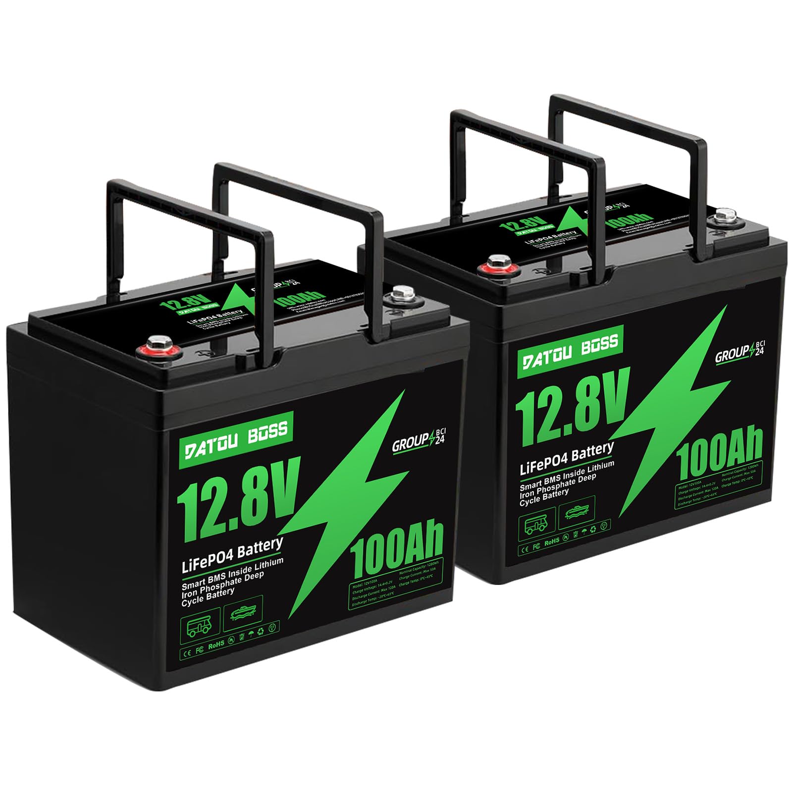 DATOUBOSS 12V 100Ah LiFePO4 Battery, 1280Wh 12V 100Ah Lithium Battery Built-in 100A BMS, 15000+ Deep Cycle Battery for RV, Solar, Trolling Motor & Camping (12V100Ah-Group 24-2pcs)