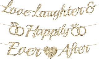 Pre-Strung Love Laughter & Happily Ever After Banner NO DIY Bridal Shower Banner Bachelorette Sign Gold Glitter Wedding Banner for Bachelorette Wedding Bridal Shower Engagement Decorations