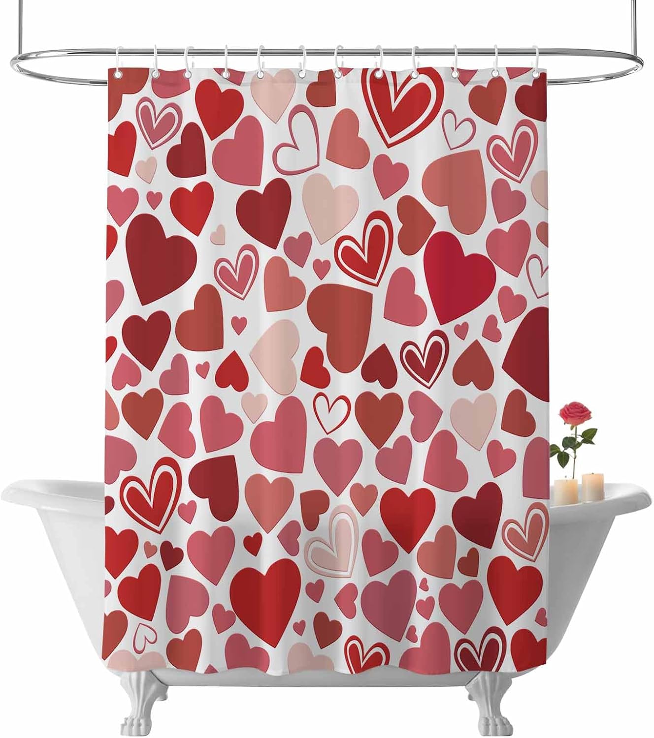 ALAGEO Valentine's Day Shower Curtain Pink Red Heart Shower Curtains for Bathroom Decor Romantic Love Heart Bath Curtains Sets with Hooks for Valentines Day Home Decor Waterproof Extra Long 72" X 84"
