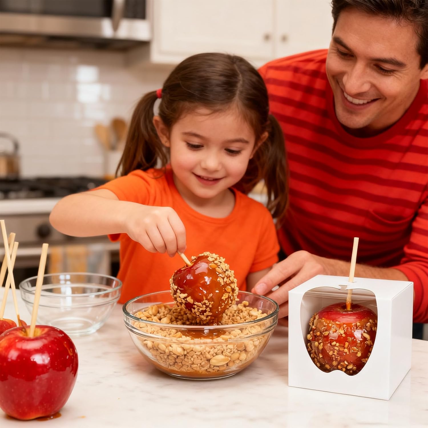 ZEAYEA 50 Pack 4"x 4"x 4" Candy Apple Boxes with Window and Sticks, Food Grade Caramel Apple Gift Boxes with Hole, Carboard Treat Favor Packaging for Halloween, Thanksgiving, Wedding, Party