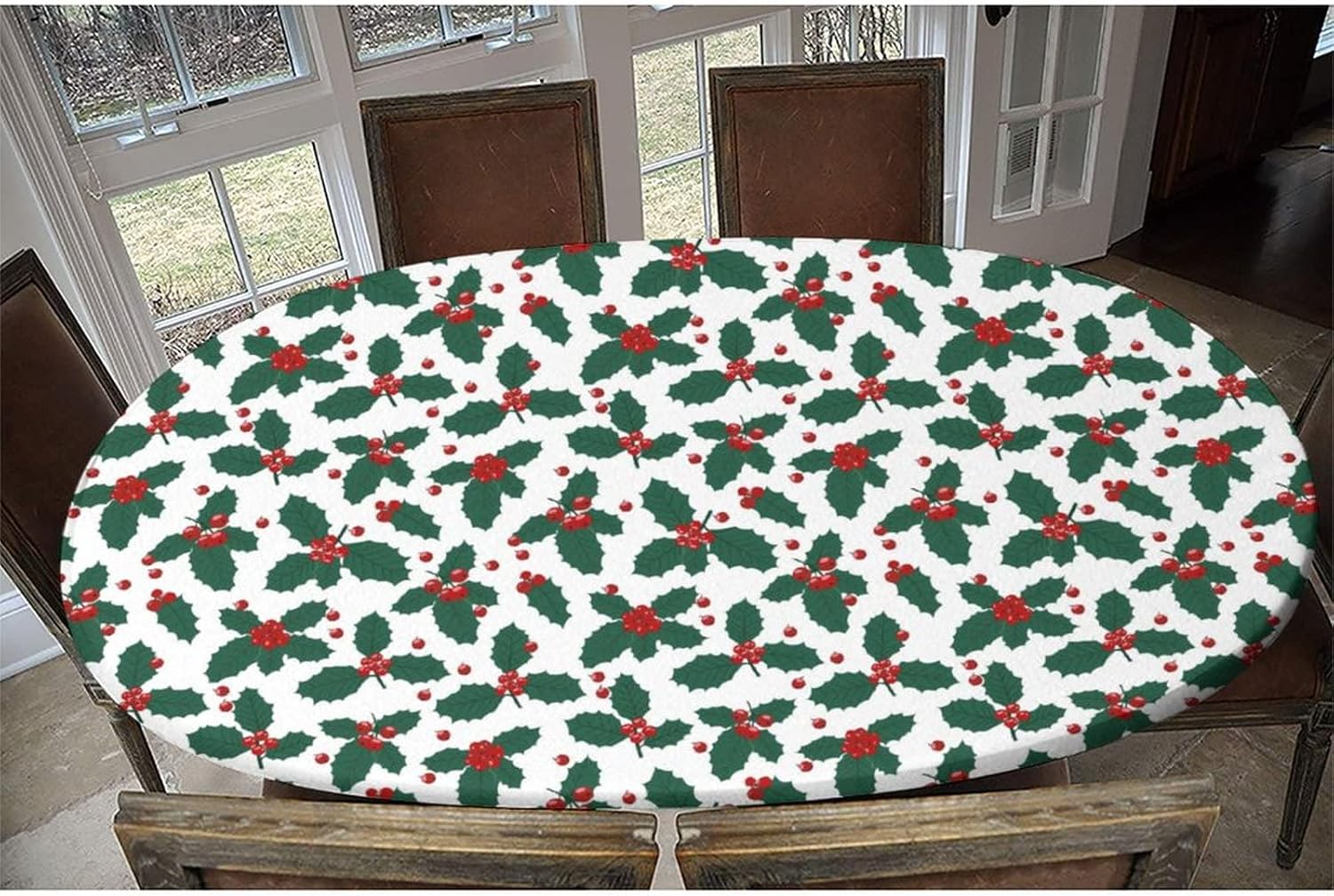 Christmas Fitted Tablecloth Oval, Christmas Plant Elastic Edge Table Cover, Polyester Table Cloths Indoor Restaurant Outdoor Terrace Dining Table Decor Fits Tables Up to 24" X 48"