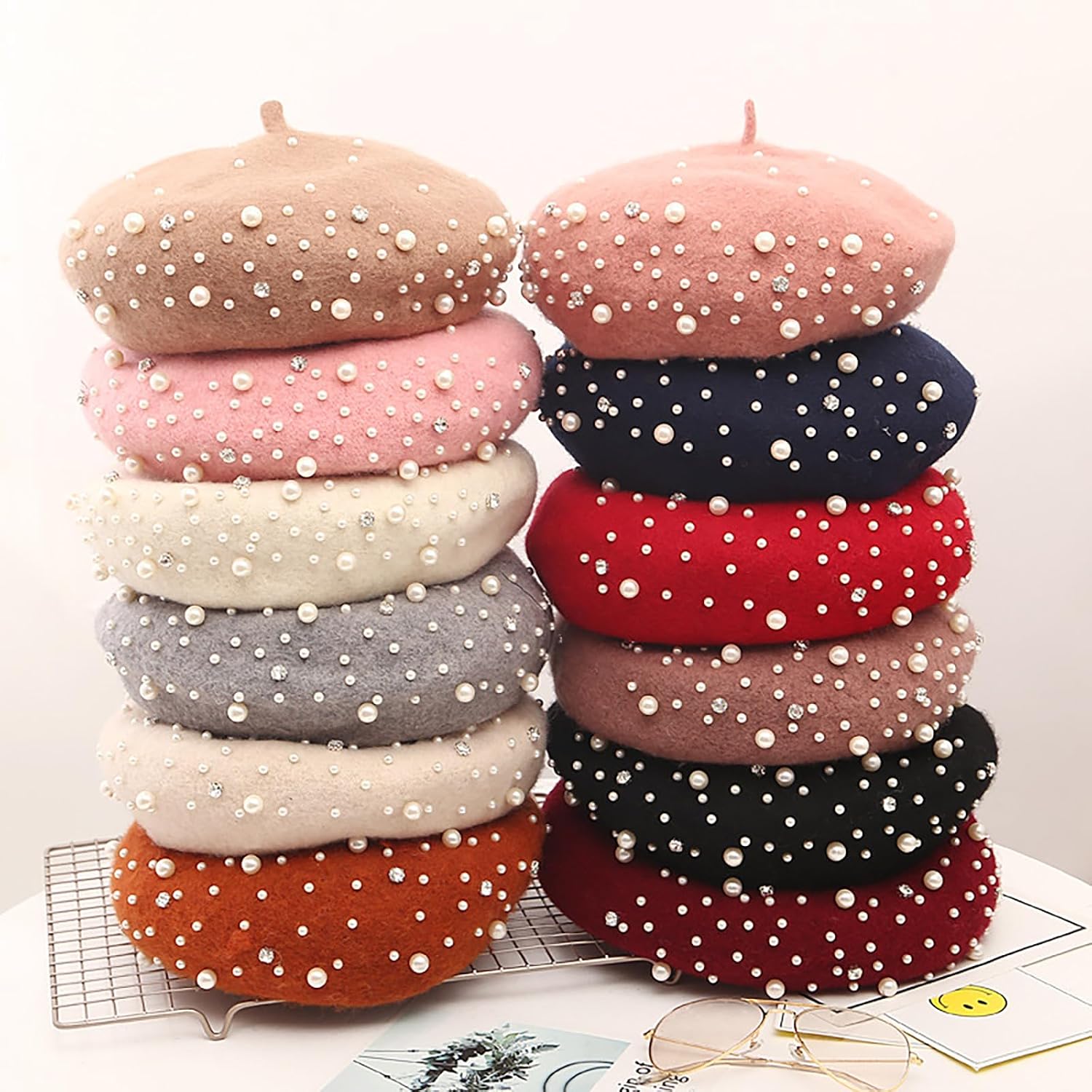 yolrdiw Women's Elegant Wool Pearl Hat French Beret Rhinestones Artist Cap for Wedding Party