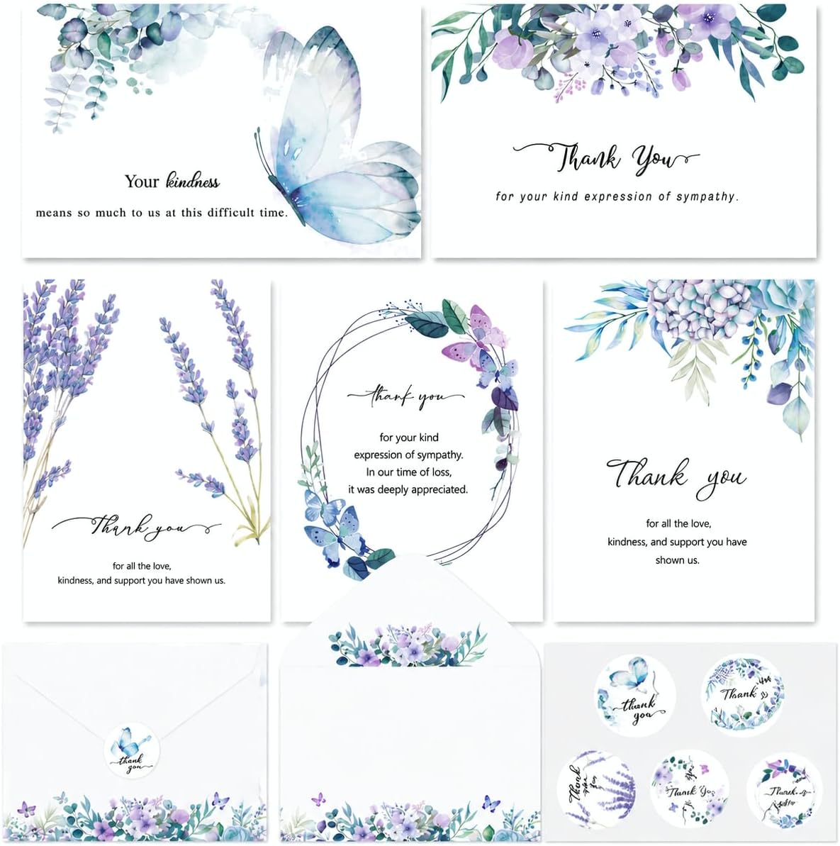 50Pcs Funeral Sympathy Thank You Cards with Envelopes & Stickers, 5 Designs | Blue Floral Butterfly Design, Thank You Cards for Funeral Bereavement, with Message for Memorial Service Celebration of Life
