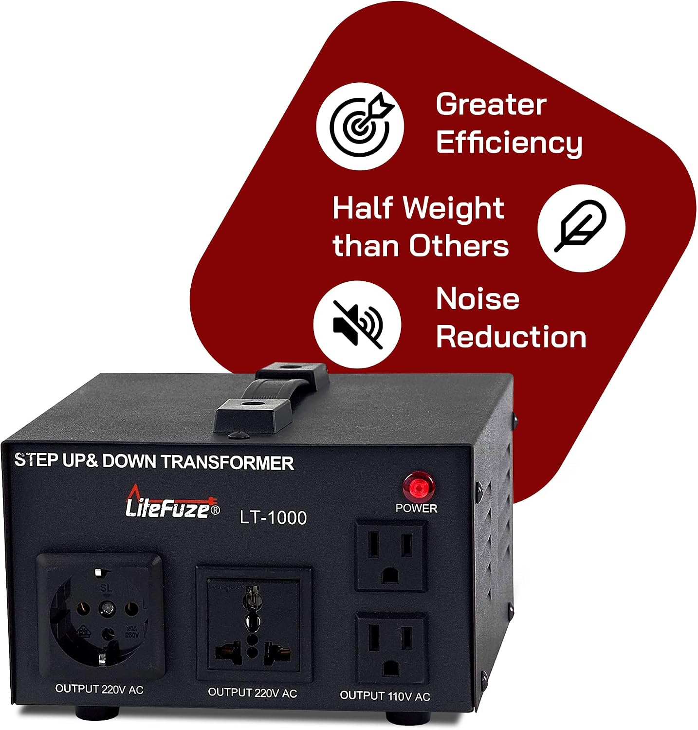 LiteFuze LT Series 1000 Watt Voltage Converter Transformer Step Up/Down - 110v to 220v / 220v to 110v Power Converter - Fully Grounded Cord - Universal Socket, CE Certified [5-Years Warranty]
