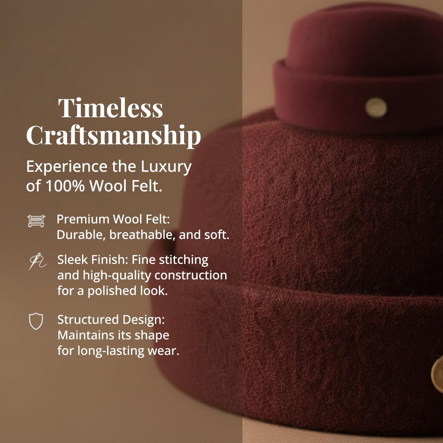 Tan & Tobe Military Fez Felt Hat - Premium Wool Hat Designed for Comfort & Timeless Style - Folded Crown with Gold Emblem