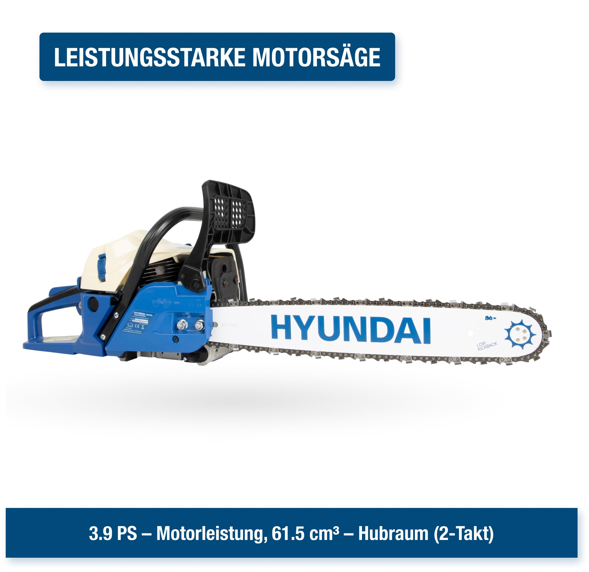 HYUNDAI Benzin-Kettensäge CS6220G | 51 cm/20" HYUNDAI Schwert und Kette | Motorsäge, Motorkettensäge, Benzinsäge | Hubraum 61.5 cm³ | 3.9 PS Leistung | inkl. Werkzeugset