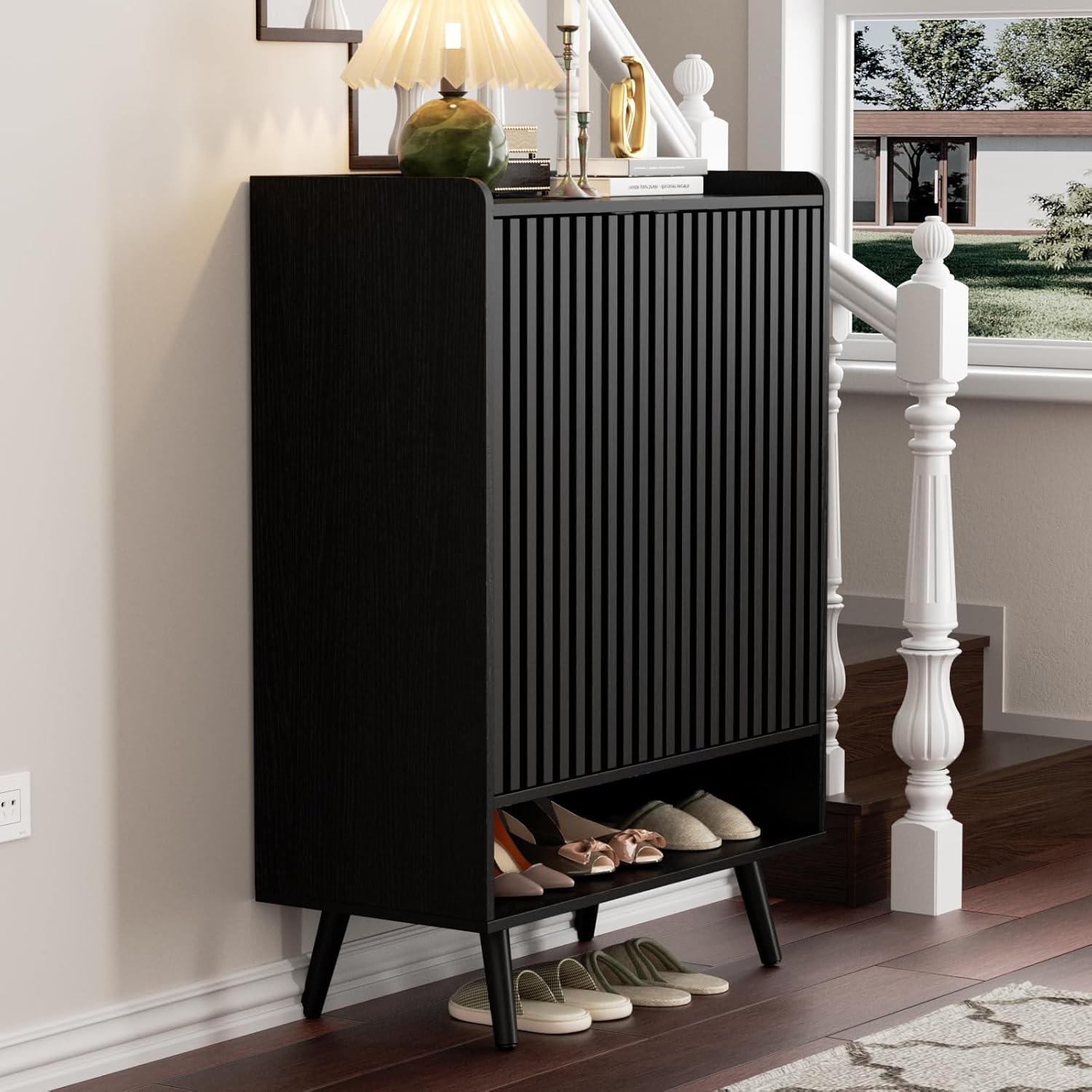 Vabches Large Shoe Cabinet with Doors, 6-Tier Entryway Shoe Storage Cabinet with Adjustable Shelves, Freestanding Shoes Rack Organizer for Hallway, Entryway, Living Room, Black