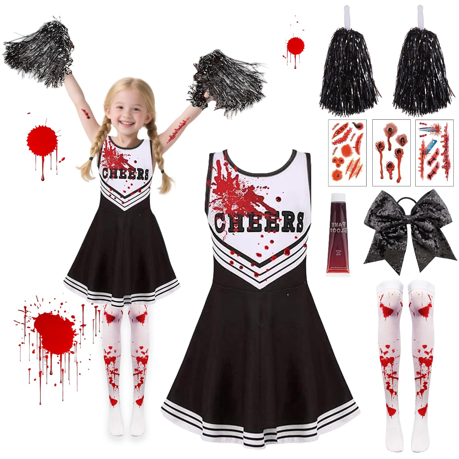 Pddenality 9 PCS 130 Yards Zombie Cheerleader Costume Kids Set, Cheerleader Outfit Kids, Girls Halloween Costume