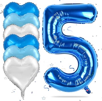 Biapian 40 Inch Blue Number 5 Balloons, Large Number 5 Balloon with 18 Dark Blue and Silver Foil Heart Shape Balloons Helium for Boys Girls 5thBirthday Decorations Baby Shower Party Supplies