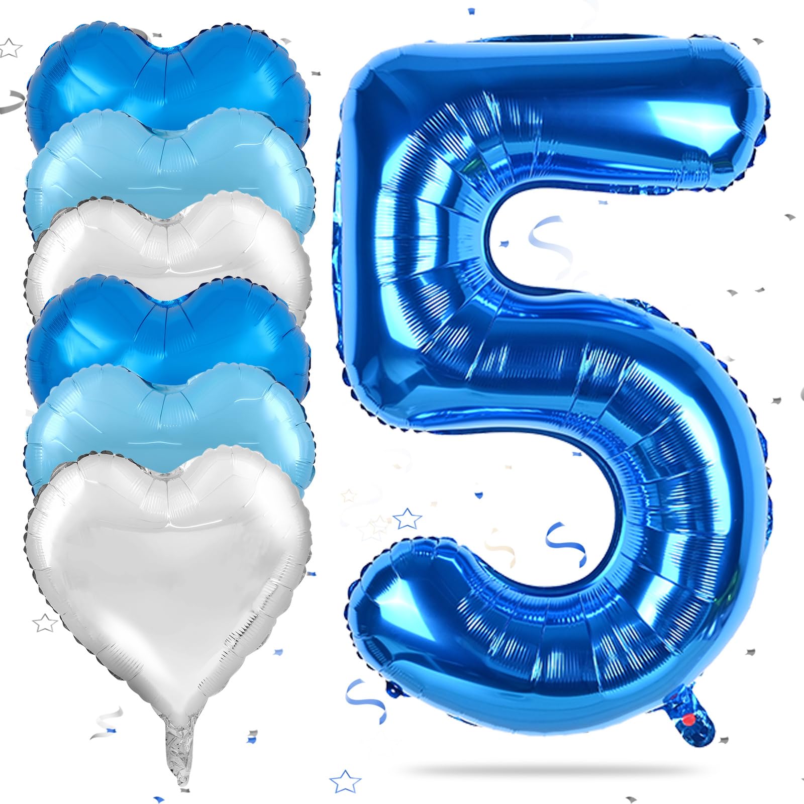 Biapian 40 Inch Blue Number 5 Balloons, Large Number 5 Balloon with 18'' Dark Blue and Silver Foil Heart Shape Balloons Helium for Boys Girls 5thBirthday Decorations Baby Shower Party Supplies