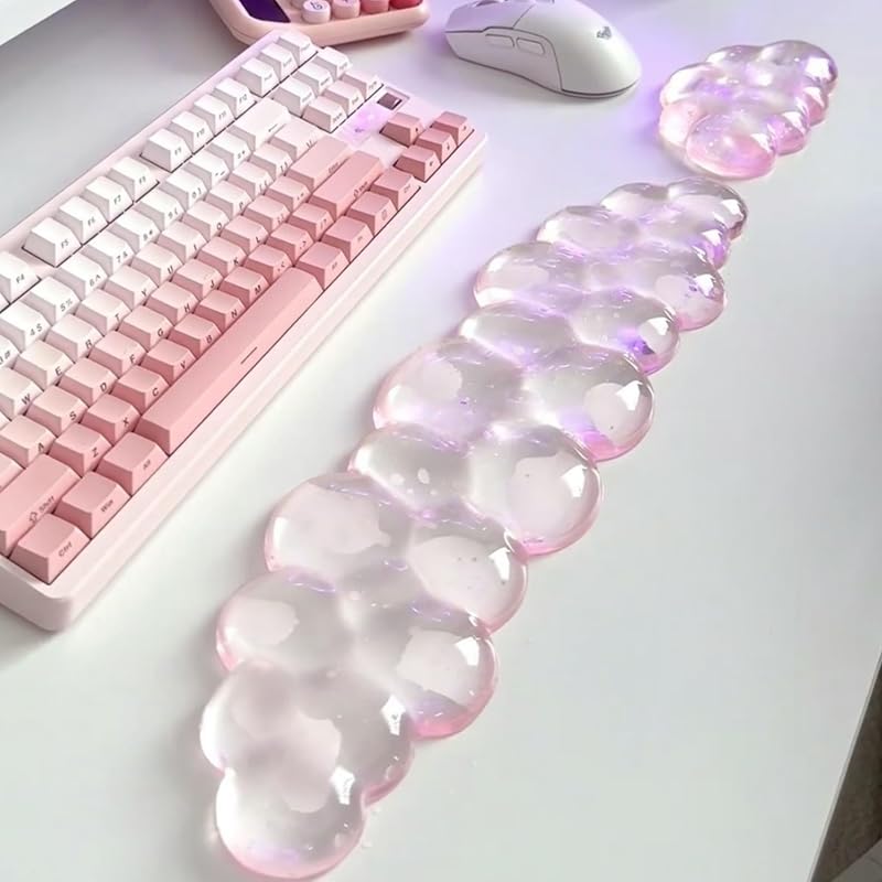Alfombrilla de ratón con reposamuñecas, juego de alfombrilla de ratón con teclado de gel de nube suave con soporte para muñeca, lindos accesorios de escritorio de oficina antideslizantes para comodidad/alivio del dolor/computadora/portátil (nube rosa)
