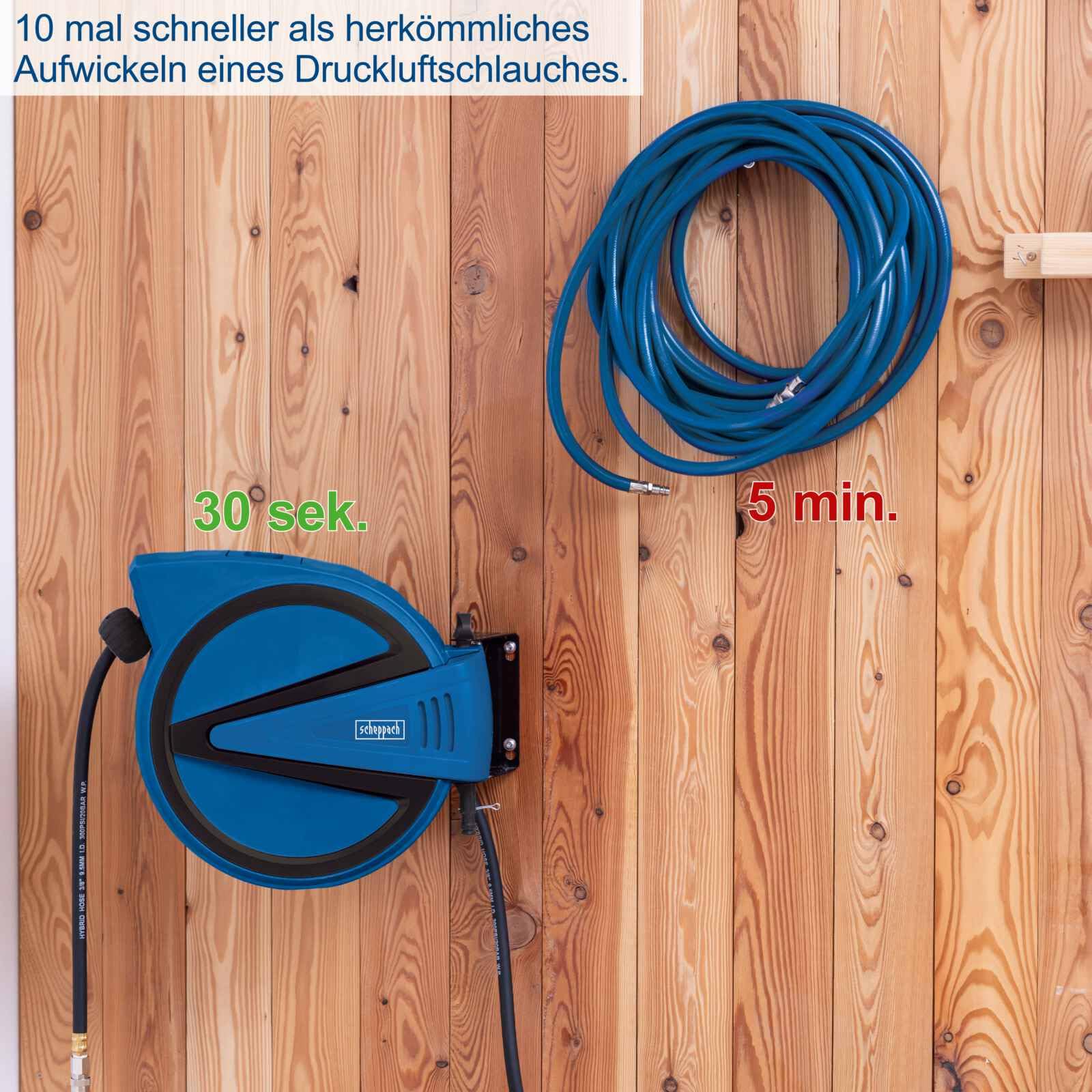 Scheppach 15m Schlauchtrommel Druckluft | 15 bar Arbeitsdruck | Ø 9,3mm innen / 15,3mm außen | 180° schwenkbar | tragbar | mit Auto-Stopp | Automatik Schlauchtrommel AHR15 für Kompressor ¼" Anschluss