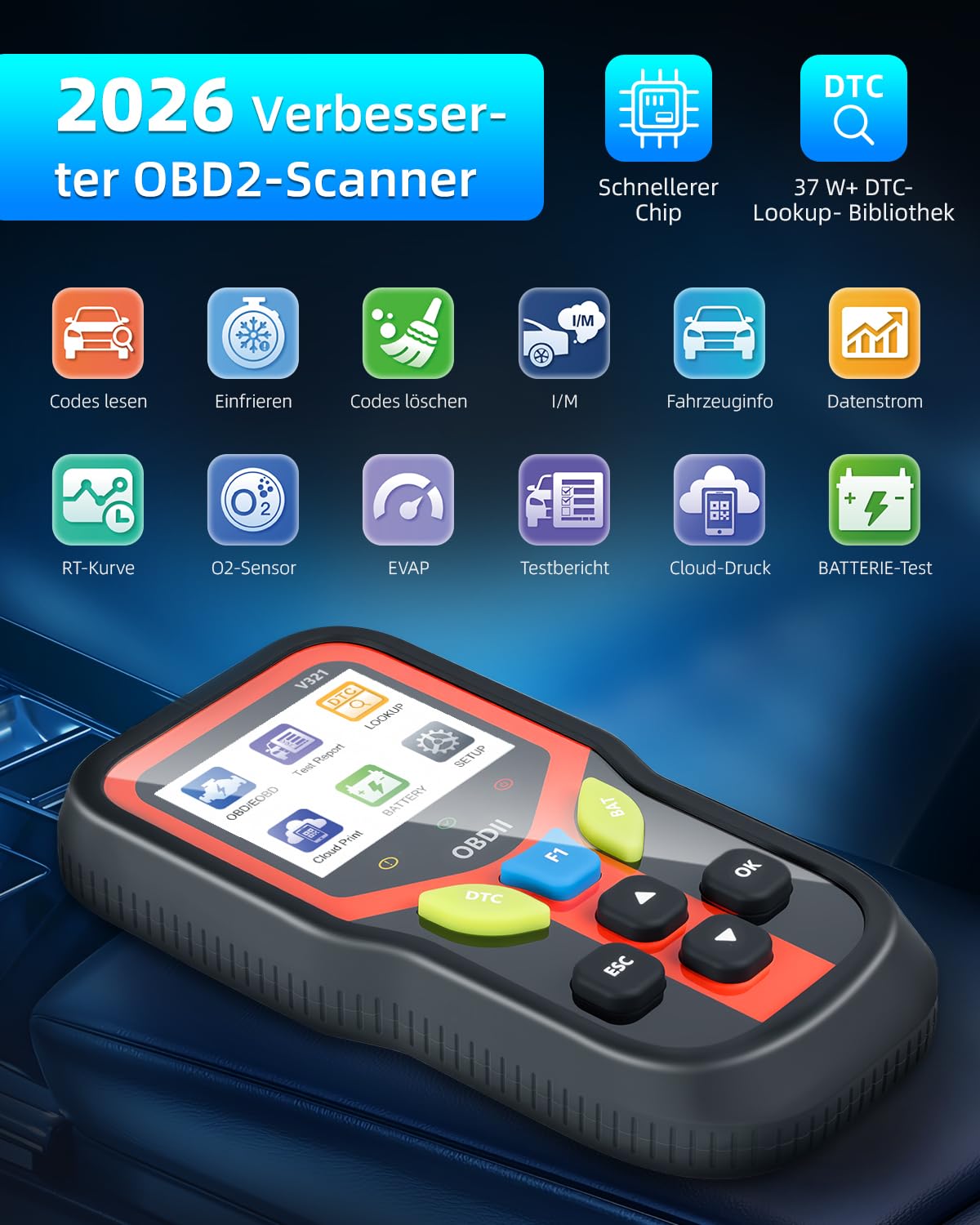 Carehabi OBD2 Diagnosegerät, Diagnosegerät Auto, Auslesegerät Auto für Alle Fahrzeuge seit 2003 & Newer (Schwarz)