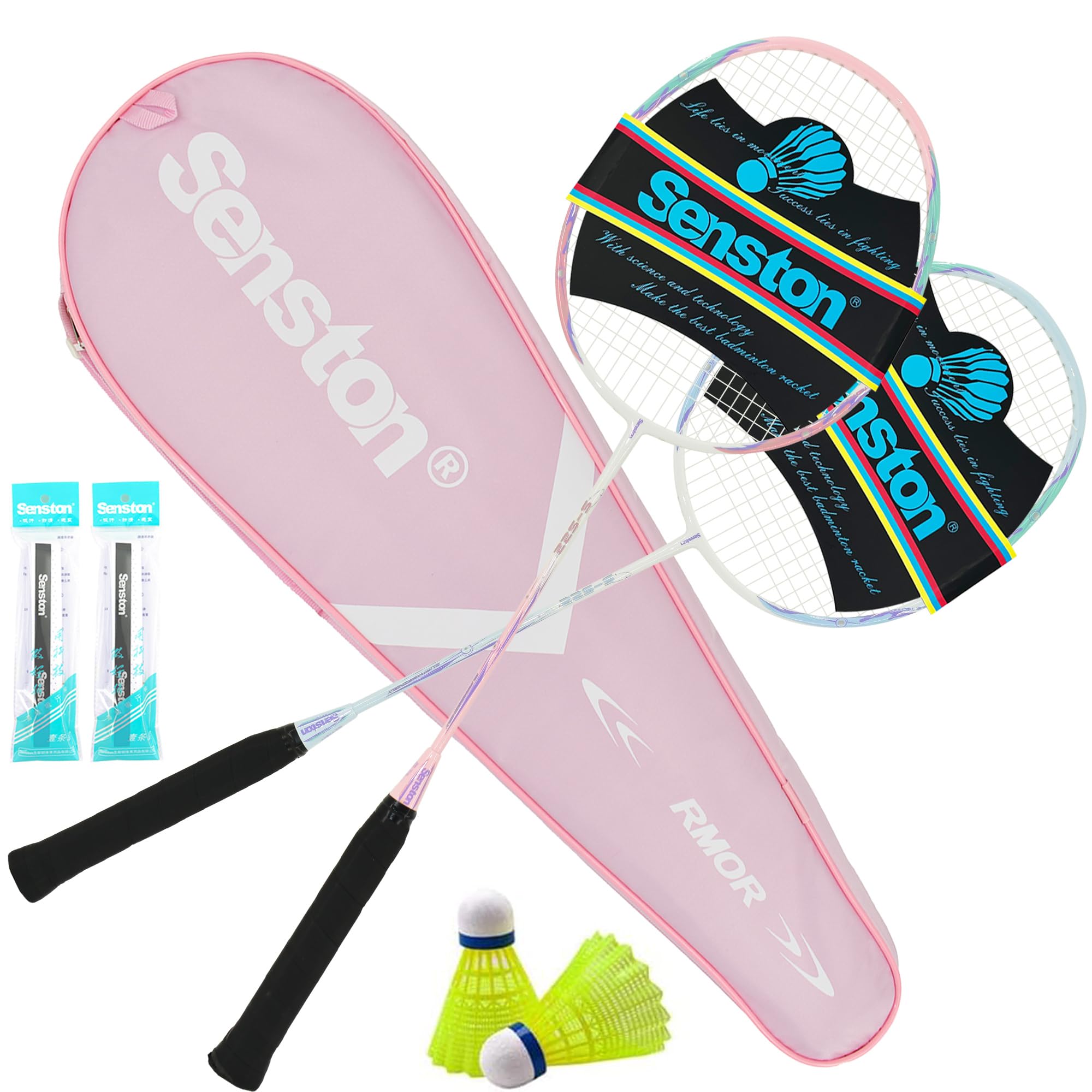 Senston Badminton Rackets Set of 2, Graphite Shaft Badminton Racquets Including Bag, 2 Shuttlecock, 2 Racquet Grip（Pink/Blue）