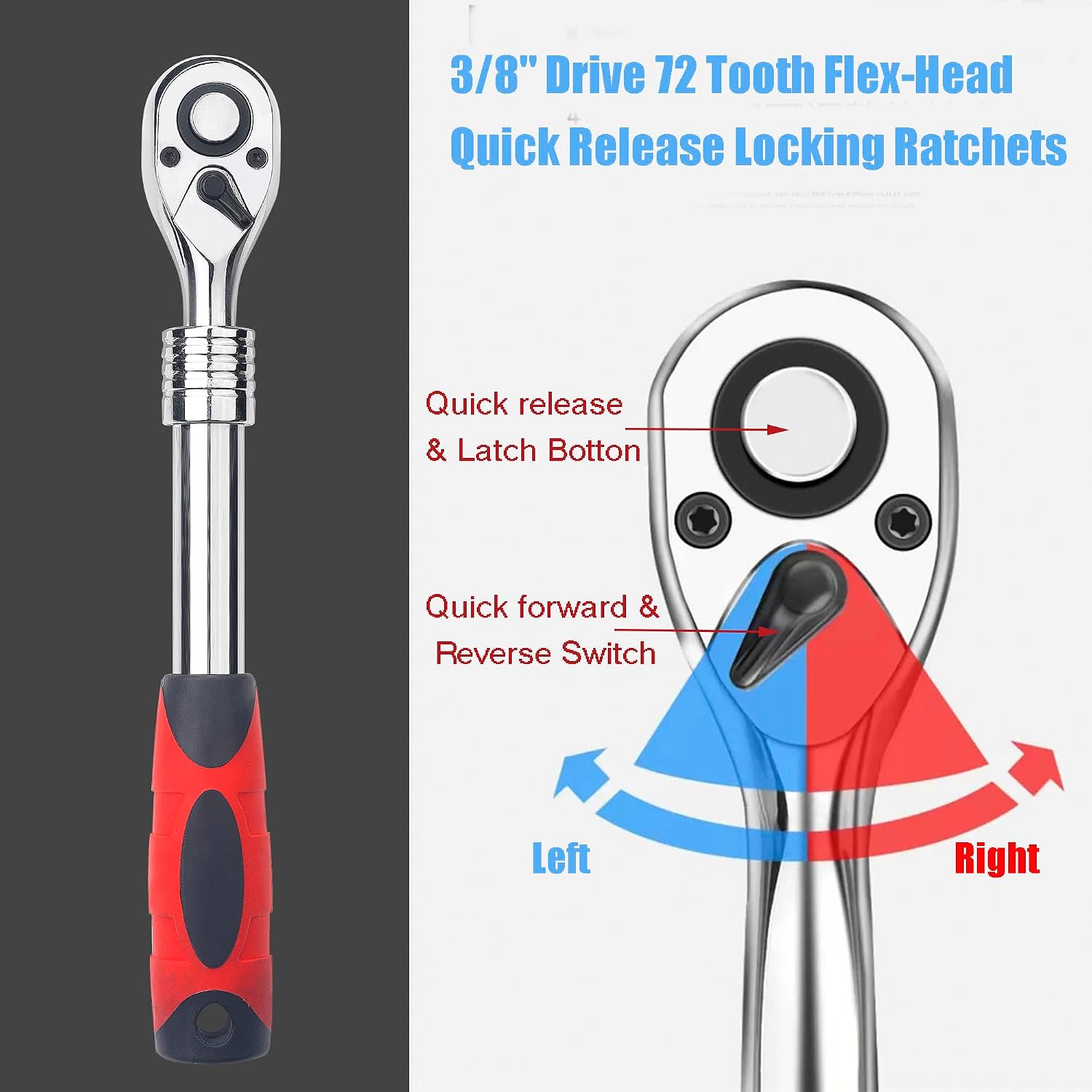 3/8" Drive Ratchet Retractable Socket Wrench,72-Tooth Extendable Ratchet Wrench,With Quick Release Locking,Soft-Grip with Reversible Switch