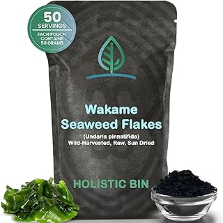 Holistic Bin Wakame Seaweed Flakes | Wild-Caught Atlantic Wakame for Miso Soup, Ramen, Salad Mix Recipes, & Healthy Snacks | Dried Seaweed/Nori for Soups & Snacking | Healthy Vegan Snack | 50g Pack