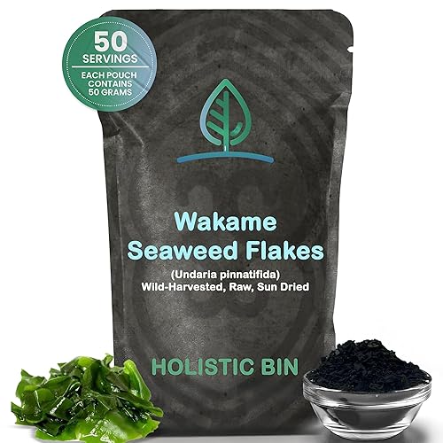 Holistic Bin Wakame - Copos de algas marinas, Wakame atlántico capturado en la naturaleza para sopa de miso, ramen, ensalada de algas marinas y