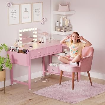 DLisiting Pink L Shaped Desk with Drawers and Shelves