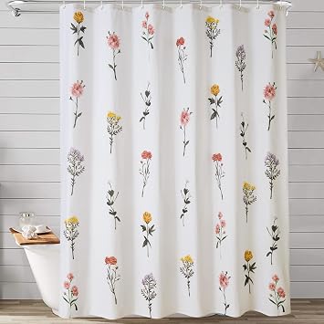 Boho Floral Cotton Shower Curtain Set Modern Cute Botanical Bathroom Decorations, 150GSM Heavy Duty Modern Farmhouse Watercolor Flowers Bouquet Bathroom Shower Curtain Set with Hooks