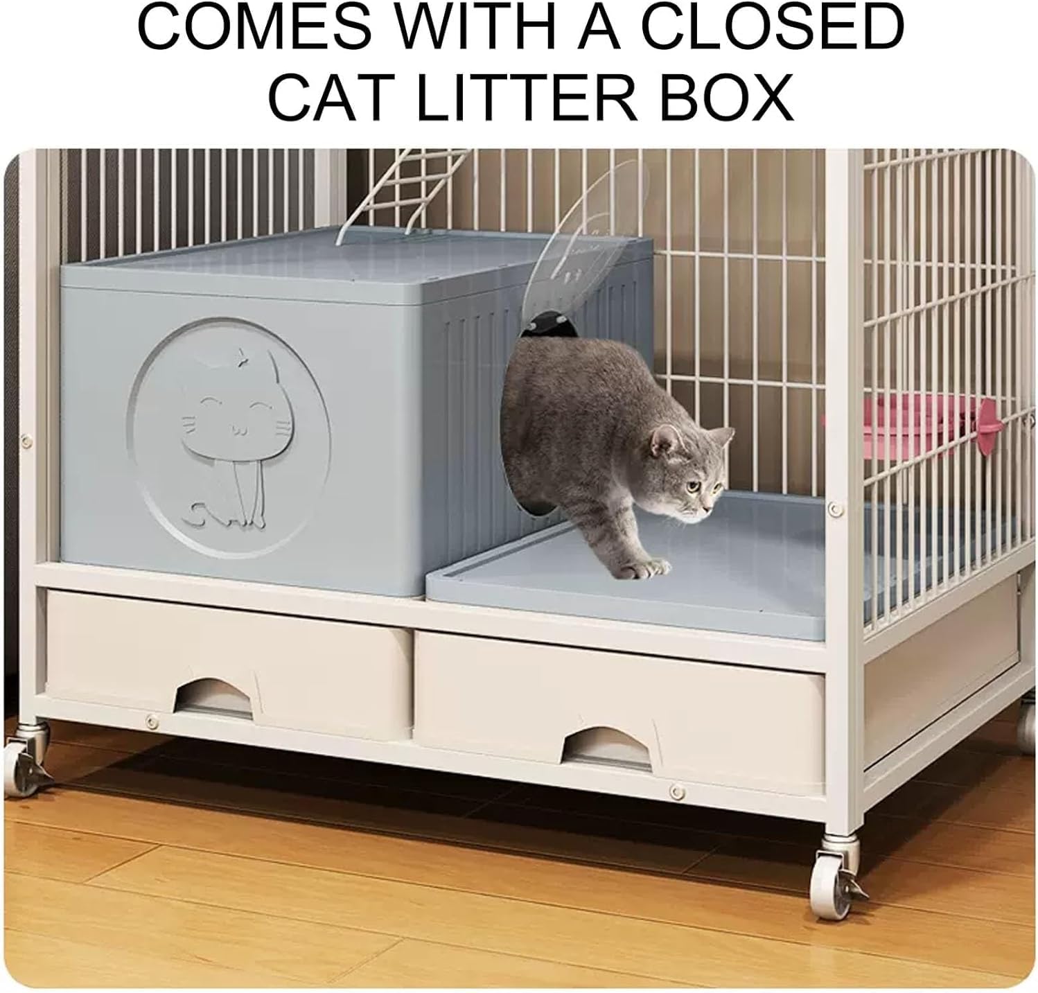 Cage for Cats Indoor Cat Villa, Metal Playpen, with Closed Cat Litter Box + Storage Box(Color:Default)