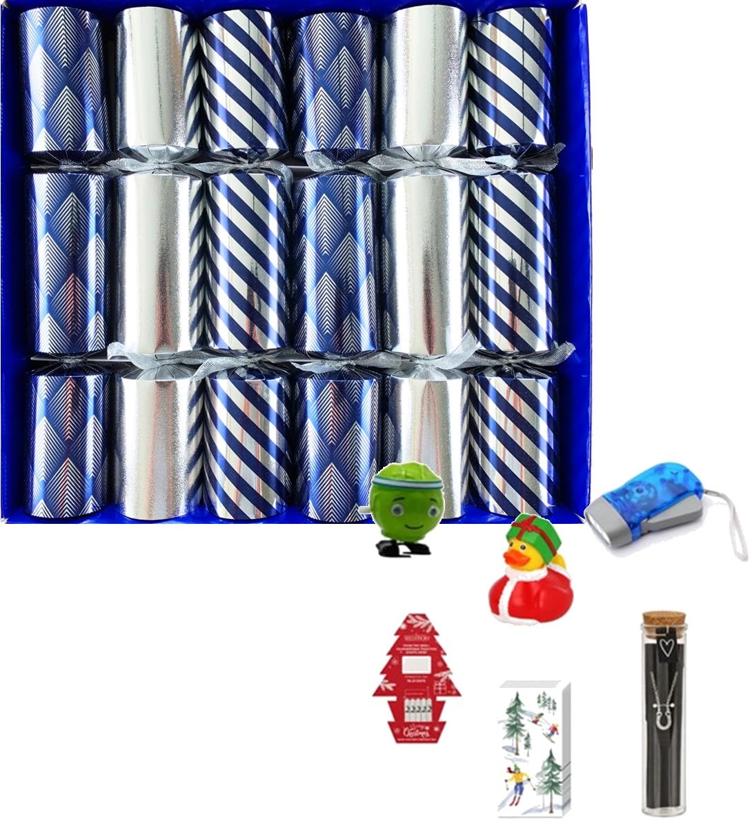 Crackers Ltd Silver, Blue Set Of Party Time Christmas Crackers In Silver And Blue – With Reusable Stockings And Hats Containing Badges, Blow Outs And Gift