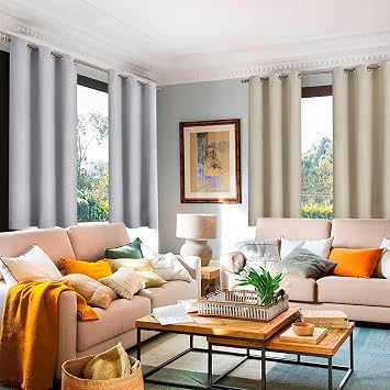 YoungsTex Grommet Light Grey Blackout Curtains Bundle Beige Blackout Curtains in 63 inch Length