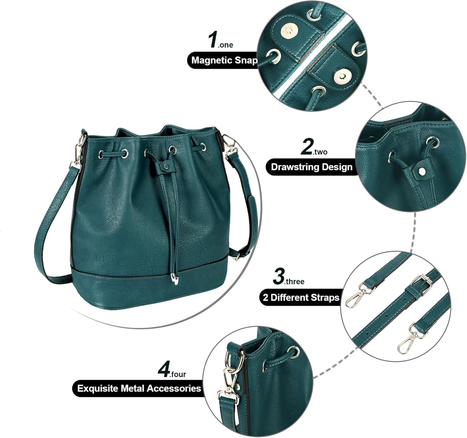 AFKOMST Leather Bucket Bags and Drawstring Crossbody Purse for Women Medium Tote and Hobo Handbags with 2 Shouder Straps - Image 6