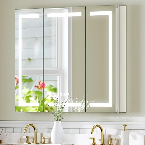 Miniatura 14 de Botiquín mejorado con espejo templado con luces de 30 x 26 pulgadas, enchufable o cableado, antivaho, 3 colores/regulable, aleación AL, 2 salidas y