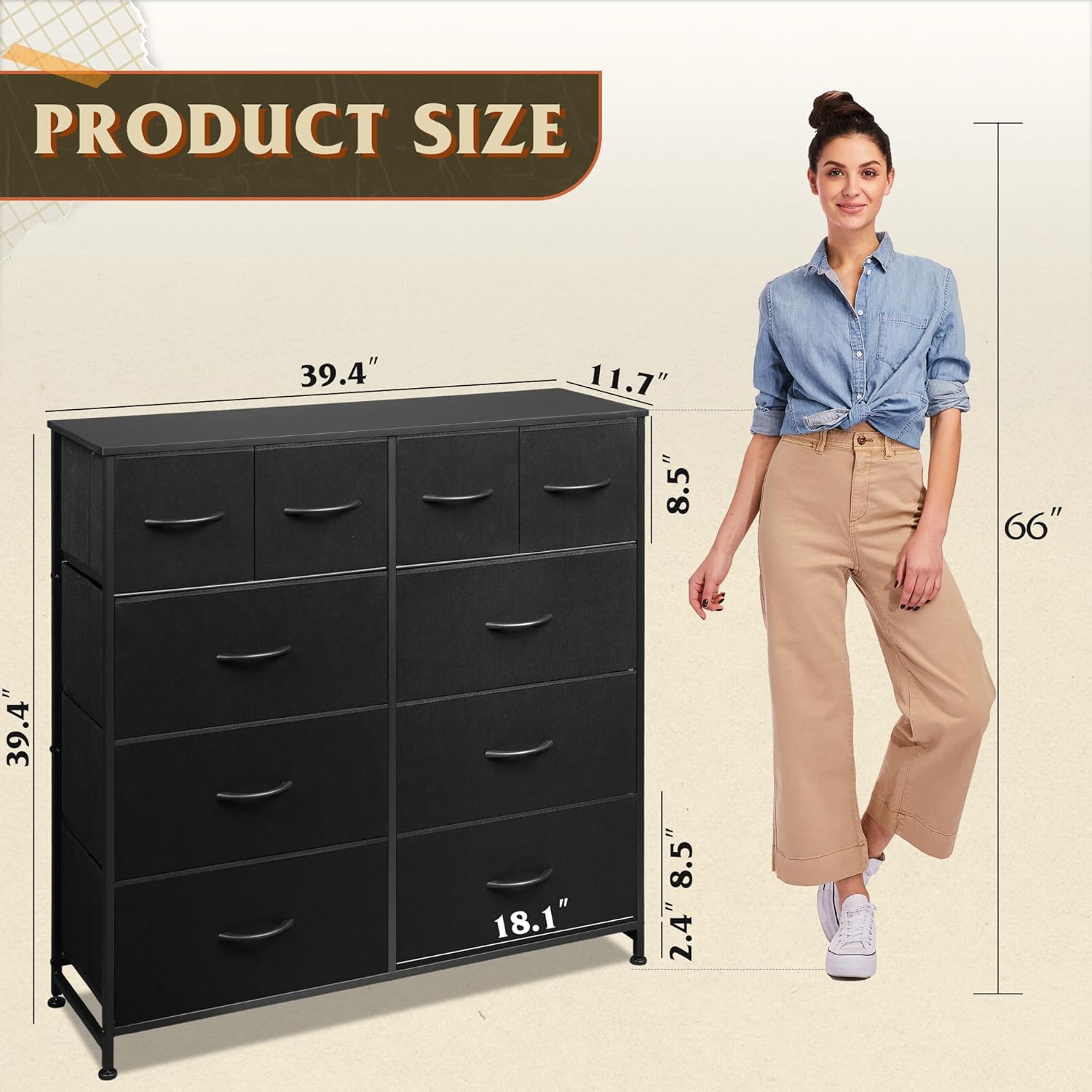 WLIVE Dresser for Bedroom with 10 Fabric Drawers, Tall Chest Organizer Units for Clothing, Closet, Storage Tower with Cabinet, Metal Frame, Wooden Top, Black Dresser for Living Room - Image 3