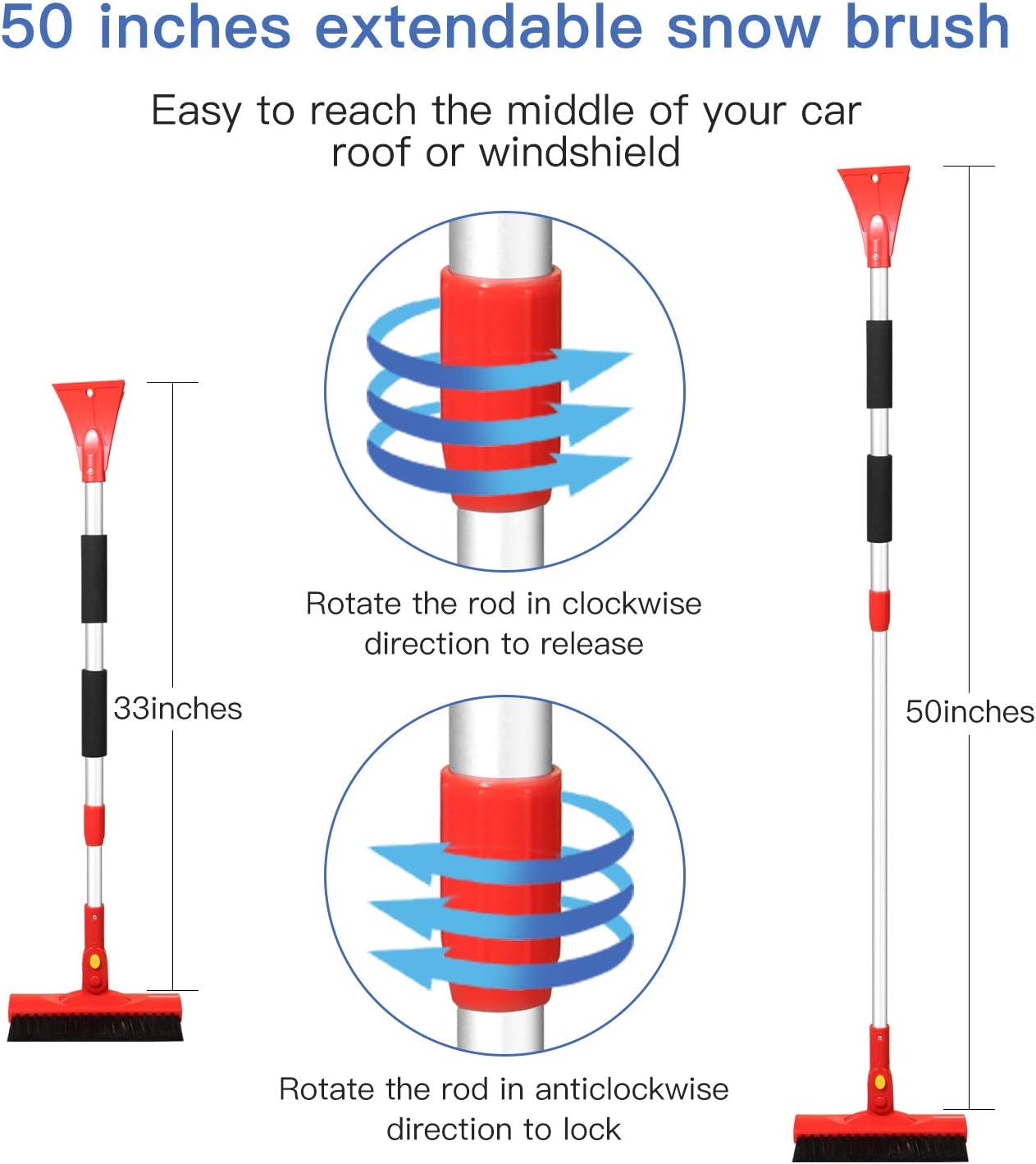 50" Extendable Car Snow Brush, Upgraded Snow Remover with Ice Scraper and Squeegee - Rotatable Brush Head Snow Removal with Foam Grip for Car Truck SUV