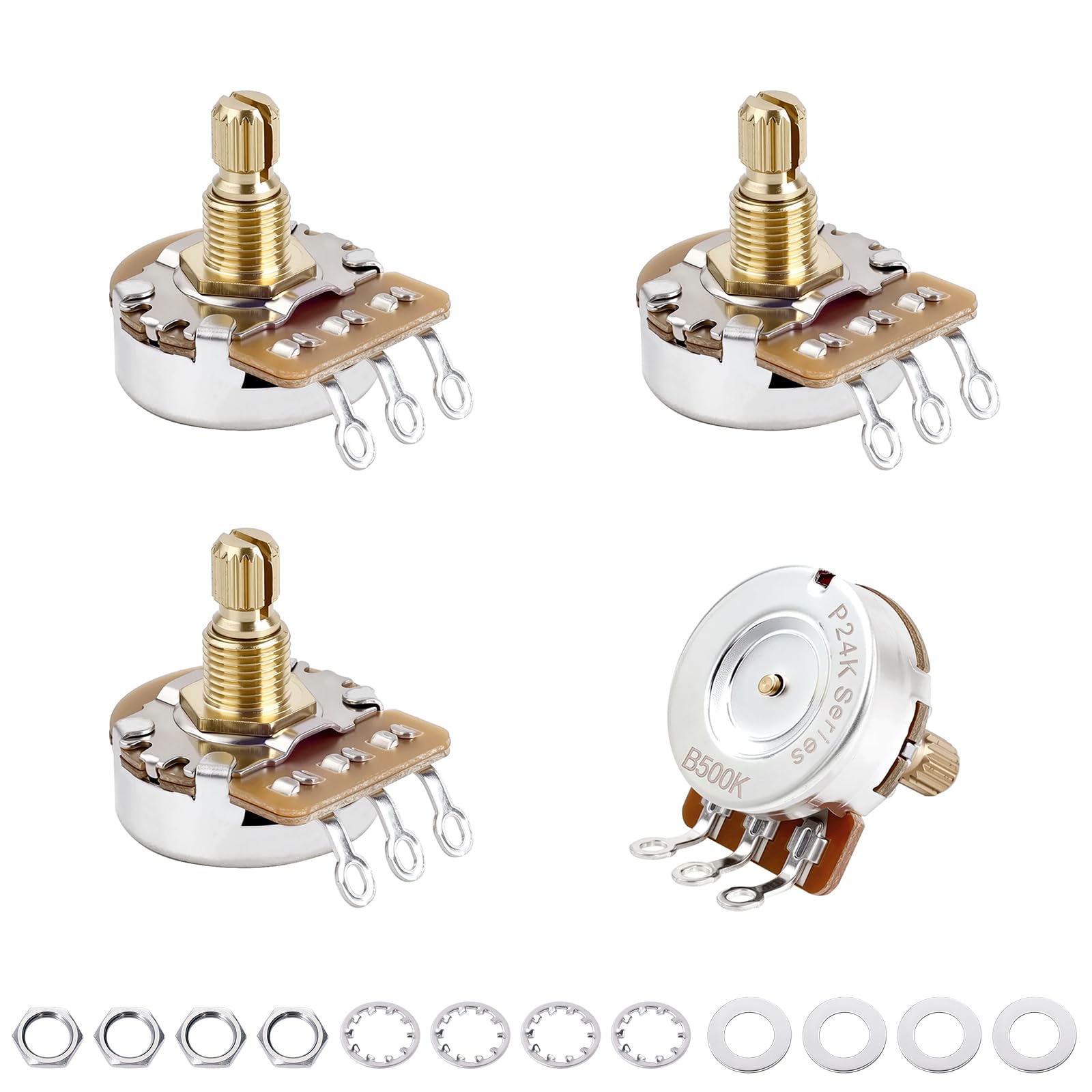 Banworks Brass B500K M8 Thread Full Sized Guitar Pots Metric 18-Spline Pots | 15mm Length Split Shaft Linear Taper Potentiometers for Epiphone Les Paul/SG Squier Strat/Tele Electric Guitar 4Pcs JT/XNQ-15