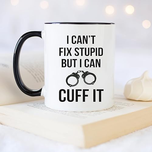 Miniatura 4 de YouNique Designs Taza de café con texto en inglés "I Can't Fix Stupid But I Can Cuff It", taza de oficial de policía, regalos para oficiales