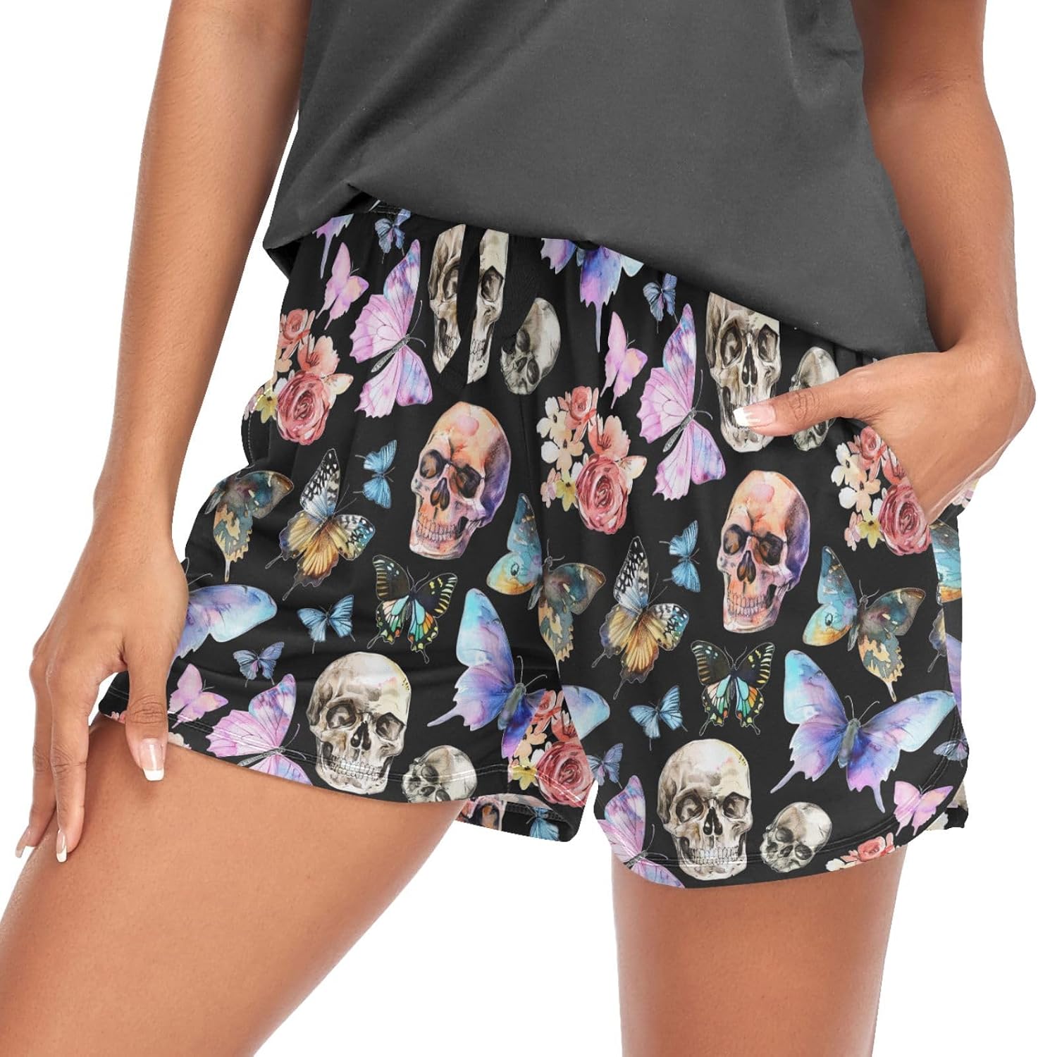 Women's Pajama Shorts Skull Butterfly Gothic Sleepwear Lounge Sleep Bottom with Pockets S-XXL