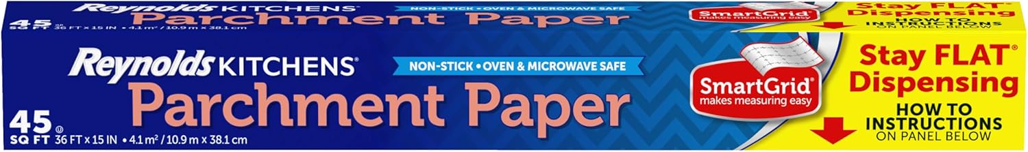 Reynolds Kitchens Stay Flat Parchment Paper Roll, Non Curling Baking Parchment Paper for Baking and Cooking, Oven Safe up to 425 Degrees, 36 Feet x 15 Inches, 45 Total Sq. Ft. Reynolds Kitchens Stay Flat Parchment Paper Roll, Non Curling Baking Parchment Paper for Baking and Cooking, Oven Safe up to 425 Degrees, 36 Feet x 15 Inches, 45 Total Sq. Ft.