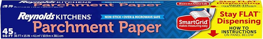 Reynolds Kitchens Stay Flat Parchment Paper Roll, Non Curling Baking Parchment Paper for Baking and Cooking, Oven Safe up to 425 Degrees, 36 Feet x 15 Inches, 45 Total Sq. Ft.
