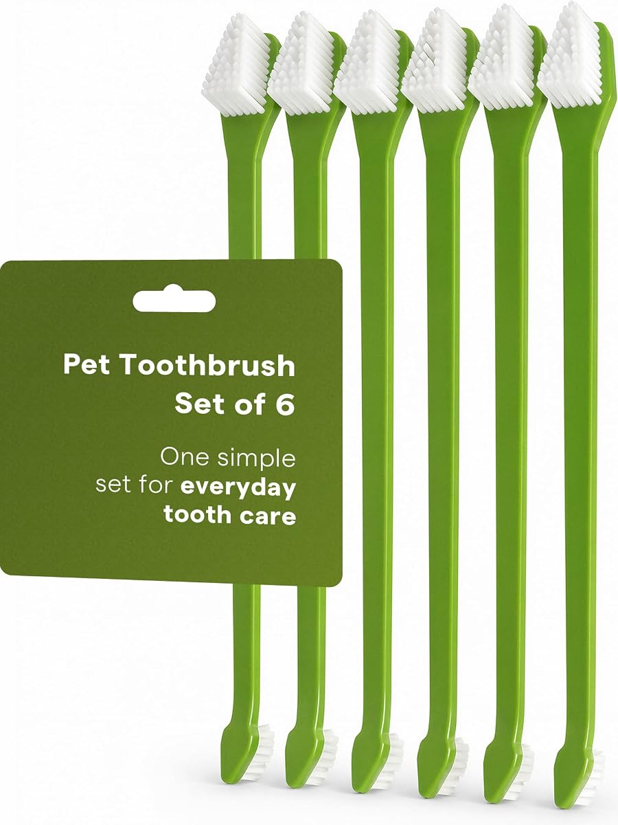 Juego de 6 cepillos de dientes para mascotas para perros y gatos - Cepillo de dientes para perros de doble cabeza con cerdas de nailon suave - Mango largo para el cuidado dental diario - Paquete de cepillos de dientes para uso doméstico para mascotas de razas pequeñas a grandes - Libro electrónico + aplicación