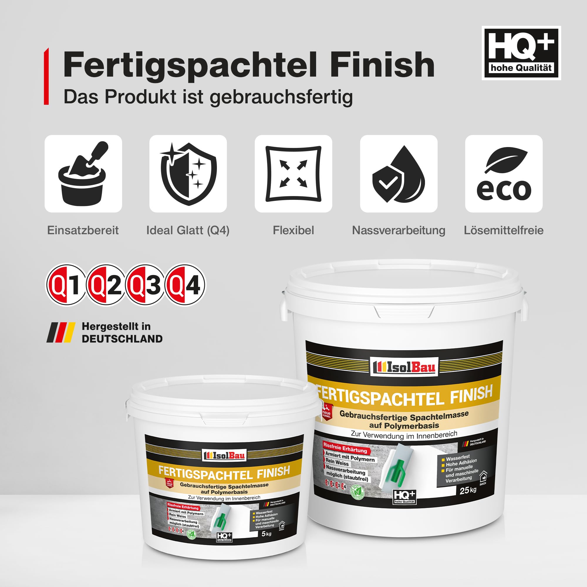 Isolbau Fertigspachtel Finish 60 kg, Glättspachtel Fugenspachtel, Gebrauchsfertige Polymer-Gips Fertig-Spachtelmasse für innen, Weiß Q1-Q11
