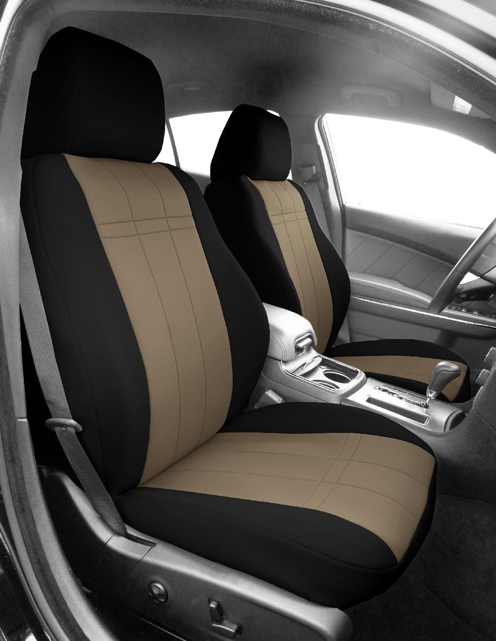 CalTrend Front Sport Buckets Seats, NeoSupreme Seat Covers for 2009-2022 Dodge Ram 1500|Dodge Ram 3500|Ram 1500|Ram 2500|Ram 3500 Beige Beige Insert with Black Trim