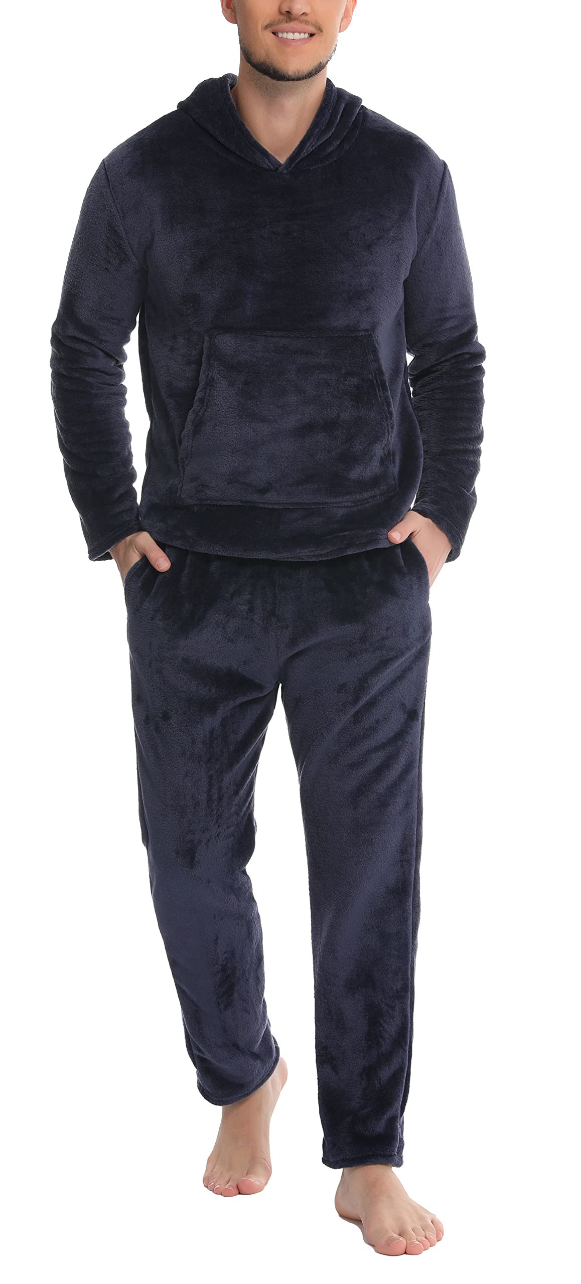 Lovasy Schlafanzug Herren Lang Warm Winter Fleece Pyjama mit Kapuzen Flanell Schlafanzüge für Herren mit Taschen