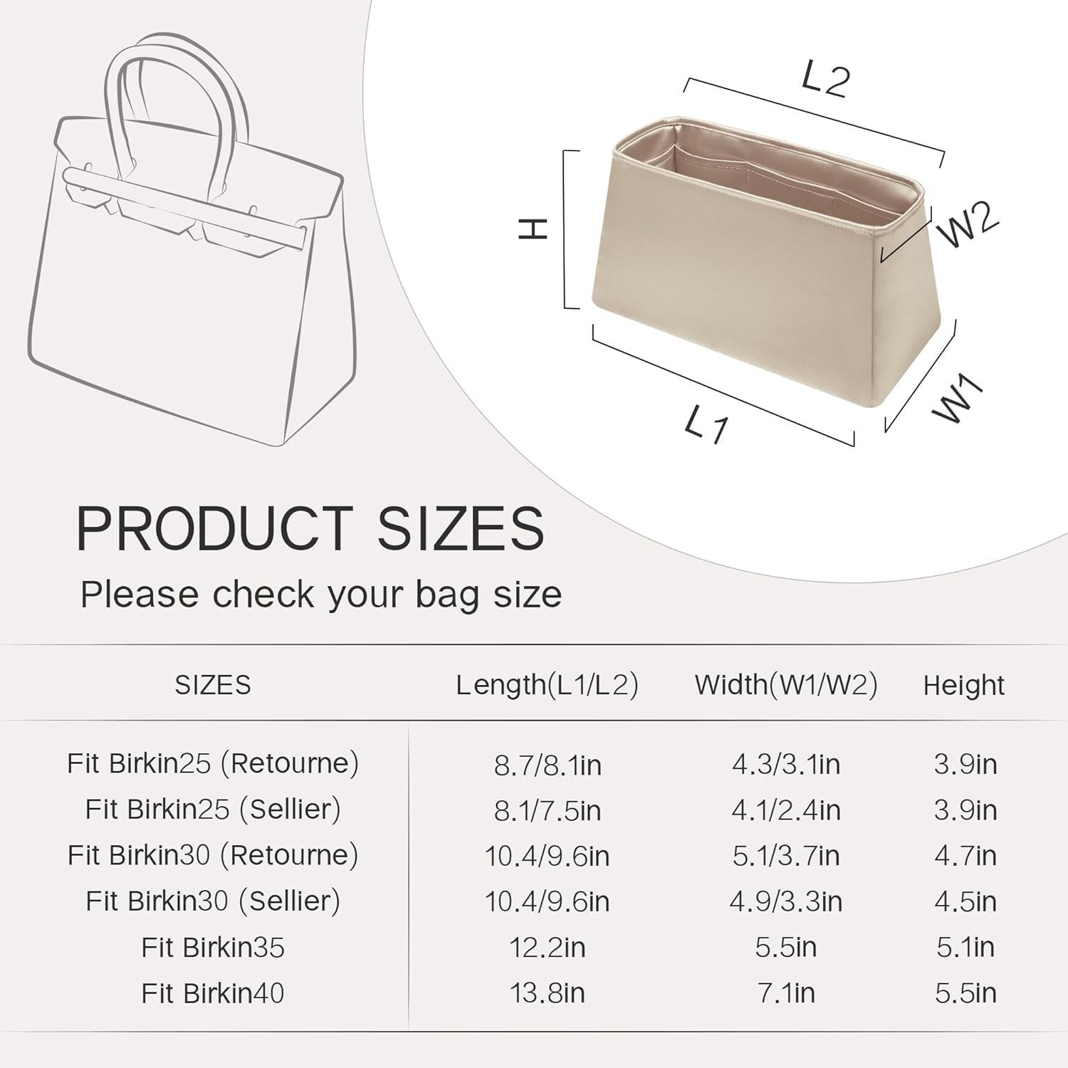 Fits for Brikin 30 Bag Insert, Premium Silk Purse Organizer Insert, Smooth Touch & Lightweight，Luxury Handbag Organizer with Gift Box Fits For Hermes(BK30 Sellier,Champagne/Etoupe Grey)