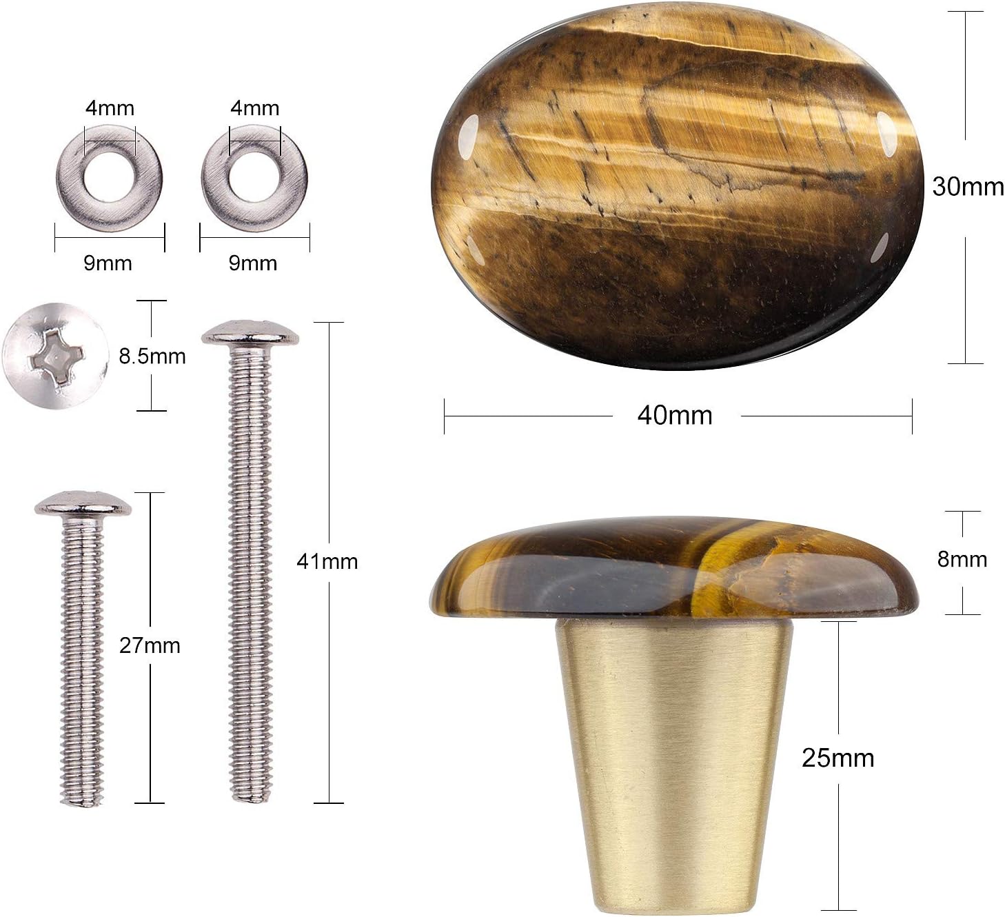 Rockcloud Natural Tiger's Eye Crystal Stone Knob Drawer with Screws, Oval Rough Gemstone Pull Handle for Dresser Cabinet Wardrobe Hardware Accessories Home Furniture Decoration, 4 PCS