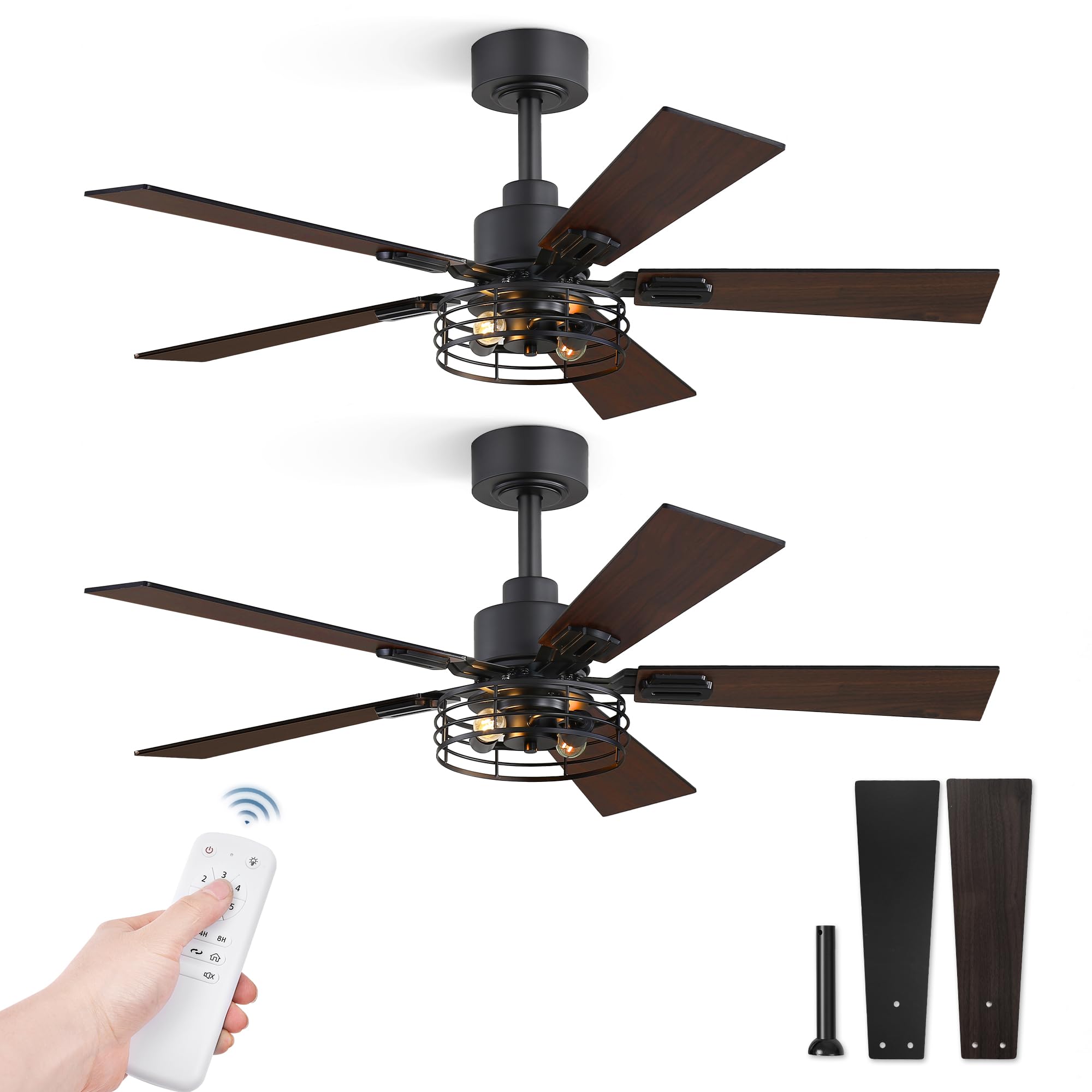 Fanbulous 2 Pack Farmhouse 42 Ceiling Fans with Lights, Black Industrial Caged Ceiling Fans for Bedroom Living Room, Double-Sided 5 Blades Rustic Ceiling Fan