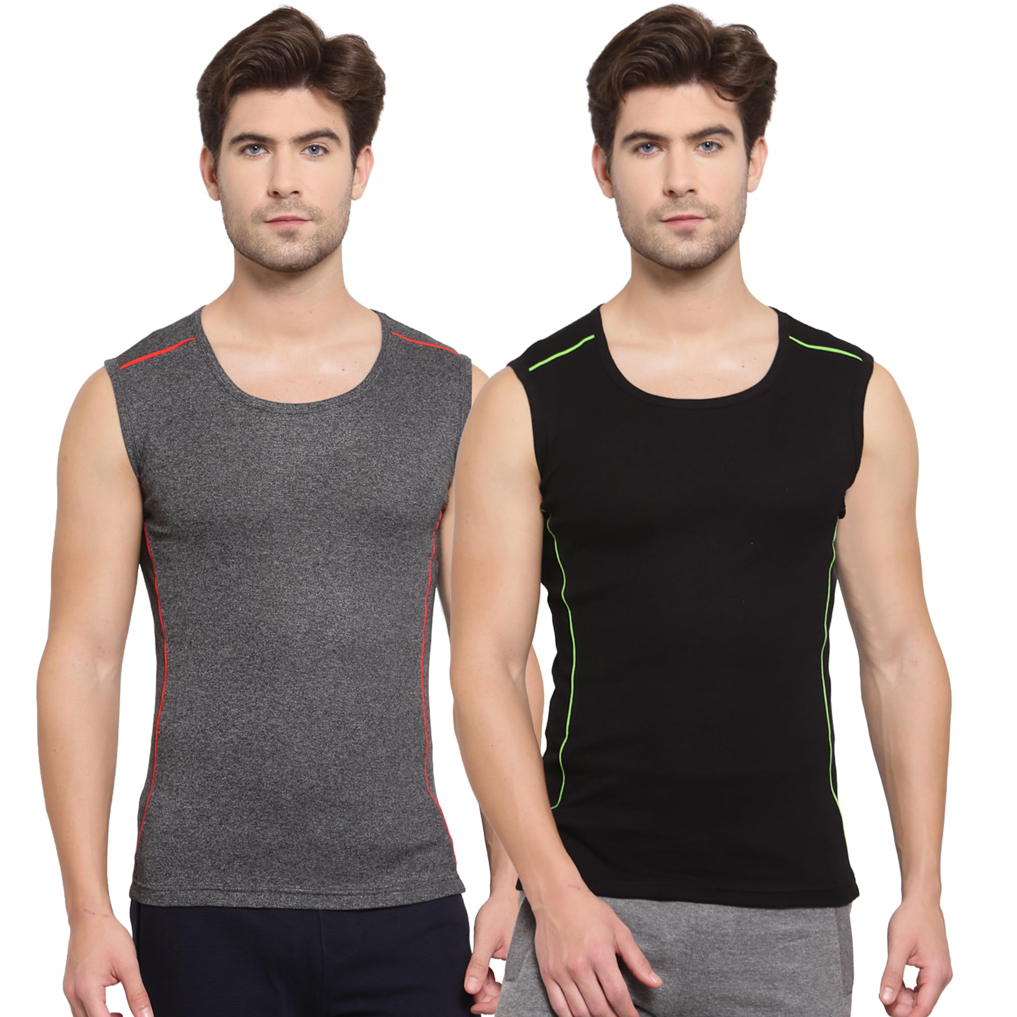 sporto Macho Men's Pure Cotton Solid Broad Shoulder neon Piping Gym Vest Pack of 2-Assorted-picture-29