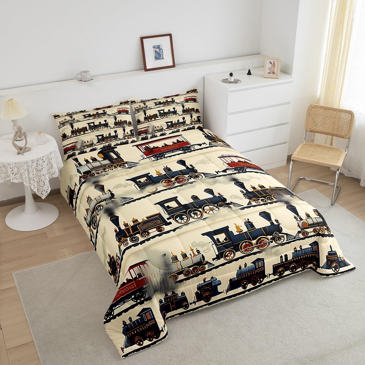 jejeloiu Cartoon Retro Train Comforter Set Toddler Kids Vintage Steam Engine Railway Transportation Bedding Set for Boys Girls Vehicle Locomotive Train Duvet Quilt Room Decor