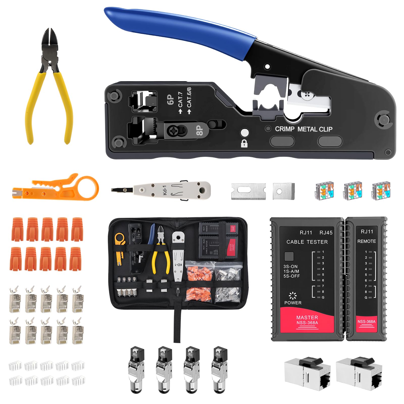 Juego de 33 alicates de crimpado RJ45 para Cat7, herramienta de red con pelacables y 20 conectores Cat 7 Lan Pass Through, bolsa de almacenamiento (set2)