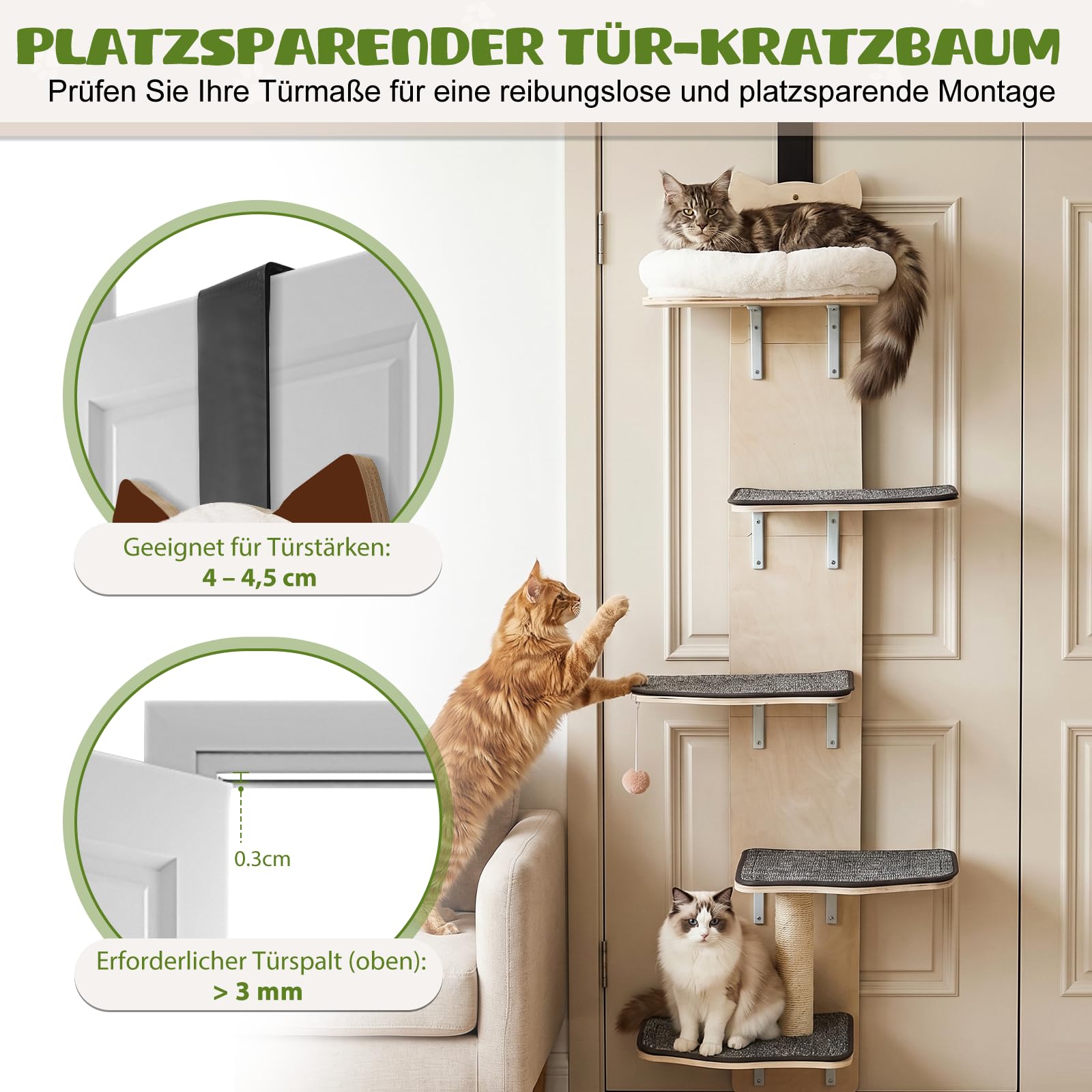 5‑stufiger Tür‑Kletterbaum für Katzen – Vertikaler Katzenbaum mit vollflächig textilbezogenen Plattformen und Kratzbaum für kleine bis mittelgroße Katzen