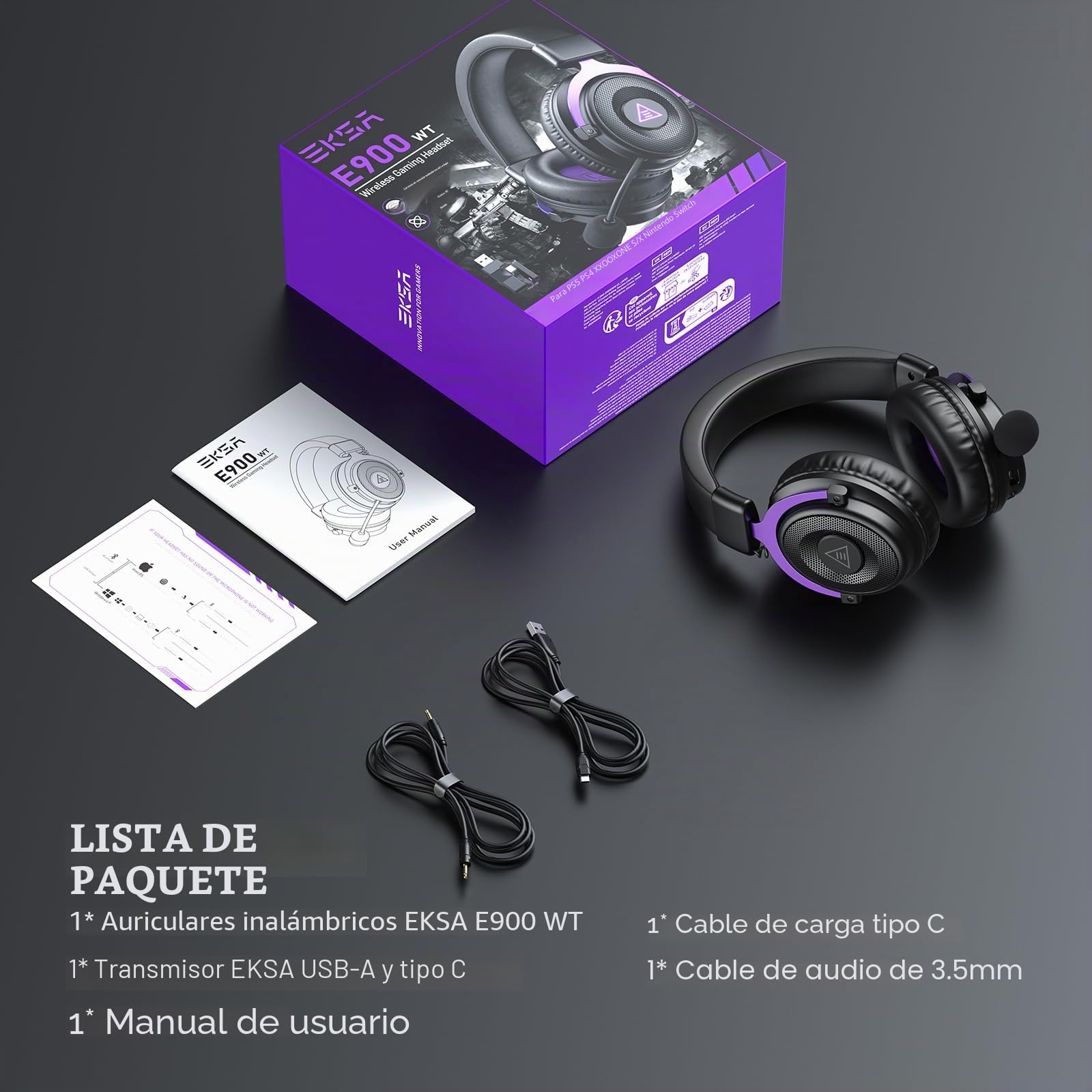 EKSA E900WT Cascos Gaming Inalámbricos para PC, PS5, PS4, Switch, Mac - Auriculares Gaming Inalámbricos y Microfono Cancelación Ruido, Gaming Headset with 2.4GHz USB A & C,80H Batería, 3D Sonido