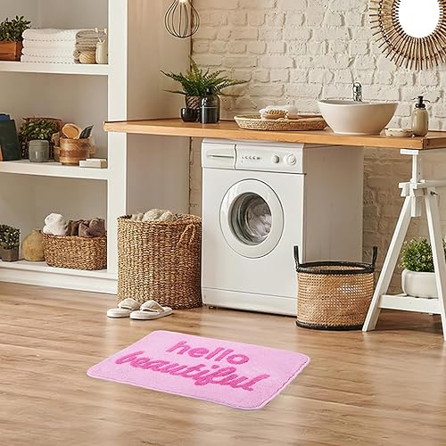 Miniatura 2 de Alfombra de baño Hello Beautiful con texto en inglés You Look Good, bonita y divertida, color rosa intenso, alfombra de baño preparada,